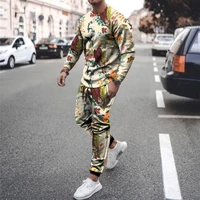 mens sports suit t shirt trousers workout clothes 2 piece set 3d animal color printing iong sleeved sportswear