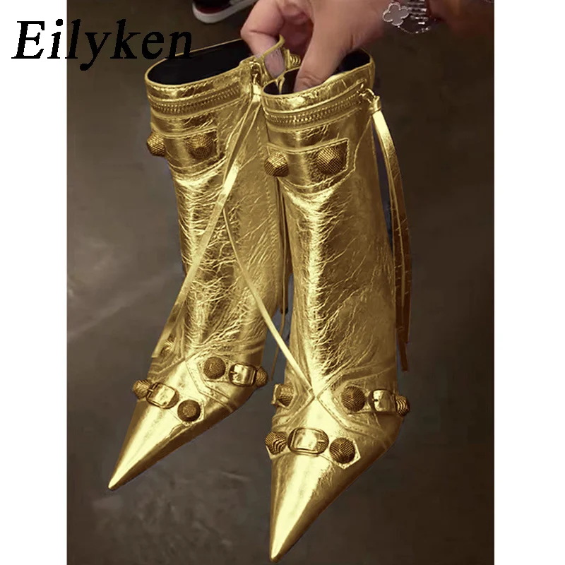 

New New Design Slim Stiletto High Heels Women Ankle Boots Street Style Rivet Fringe Pointed Toe Zipper Pumps Shoes