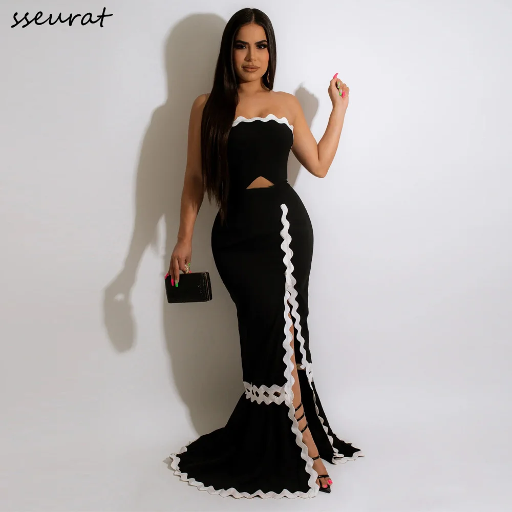 

Women High Side Split Strapless Splicing Sleeveless Mermaid Trumpet Maxi Long Dress Sexy Party Dresses