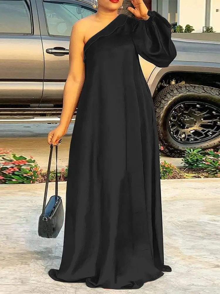

VONDA Elegant Summer Women Solid Satin Slik Long Sleeve One Shoulder Dress Long Robe Maxi Party Sundress Diagonal Collar Vestido
