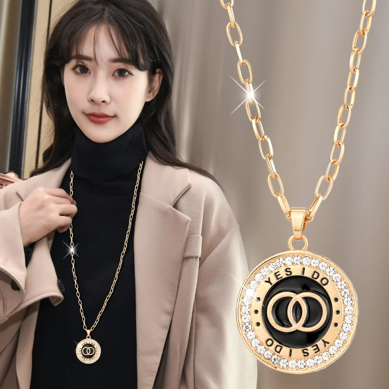 

Gold Silver Color Double Loops Medal Long Necklace For Women 2022 Trend Black Enamel Sweater Chain in Winter