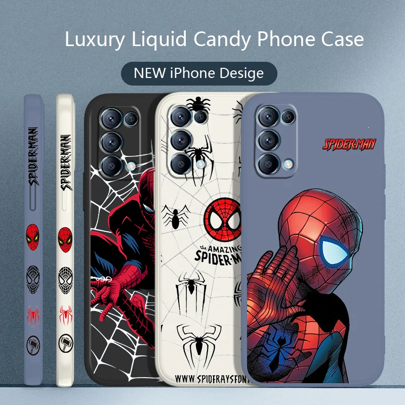 

Marvel Avengers Spiderman Phone Case For OPPO Find X5 X3 X2 neo Pro Lite A5 A9 2020 A53S 4G 5G Liquid Left Rope Soft Candy Cover