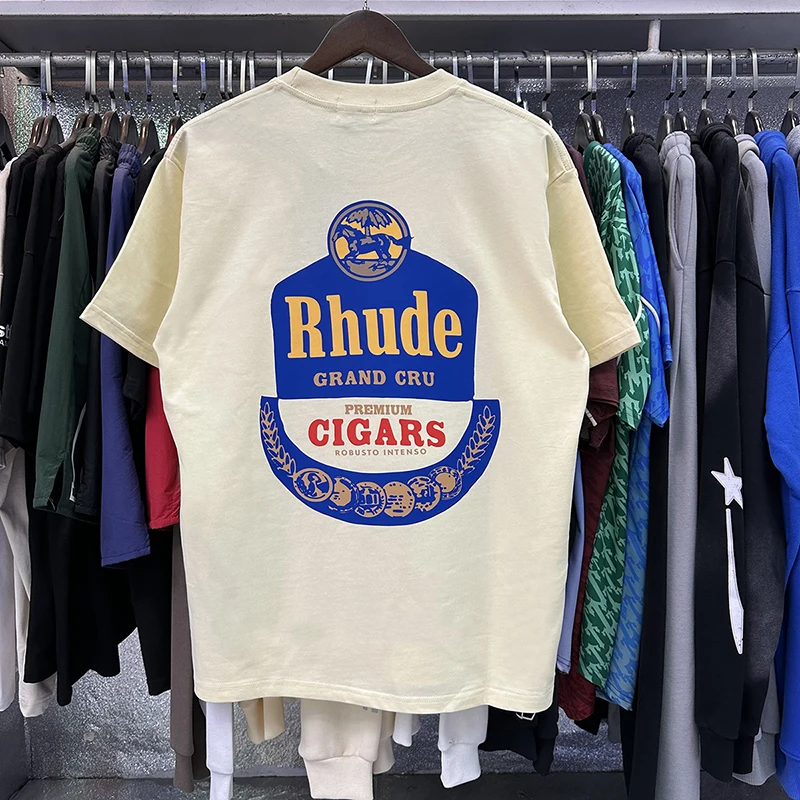 Фото Новая мужская футболка RHUDE 2026 года с коротким рукавом, в стиле ретро, с принтом, свободного кроя, повседневная, высокого качества №1