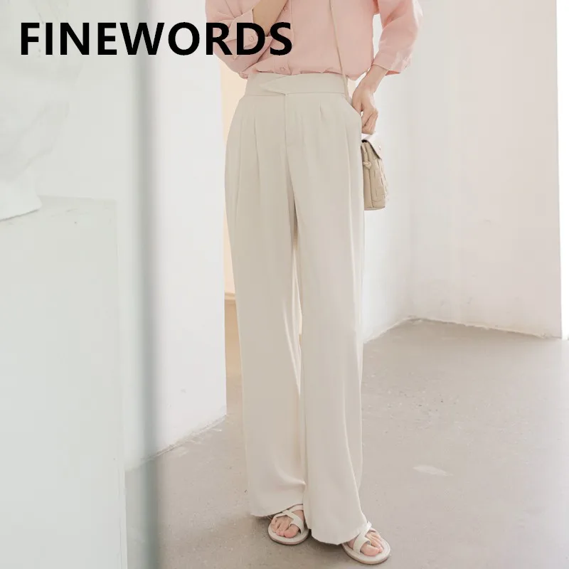 FINEWORDS Harajuku Beige Wide Leg Pants Women Casual Korean Vintage Full Length Pants Solid Office Ladies Elegant Loose Pants
