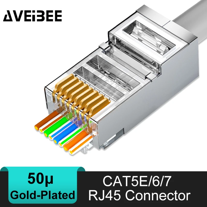 

AVEIBEE CAT6/7 CAT5 Pass Through RJ45 Modular Plug Network Connectors UTP 3/50μ Gold-Plated 8P8C Crimp End for Ethernet Cable