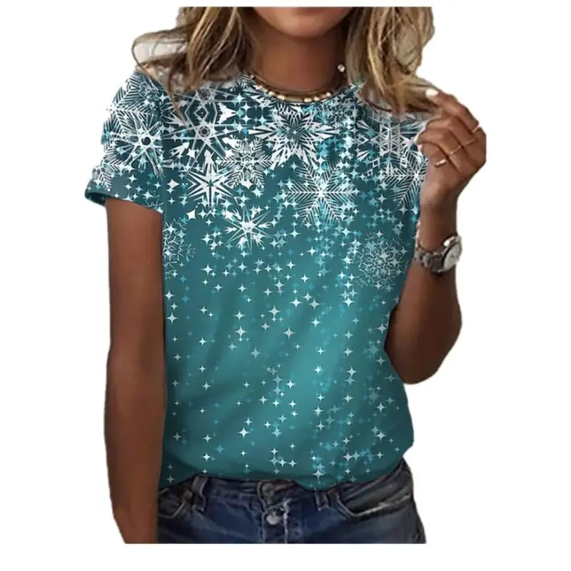 

New Women's Outdoor Short Sleeve T-Shirts Crew Neck Women's Tops Summer New 3D Snowflake Print Women's Short Sleeves