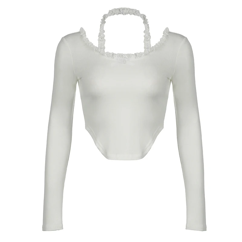 Женский короткий топ с рюшами и лямкой на шее длинным рукавом