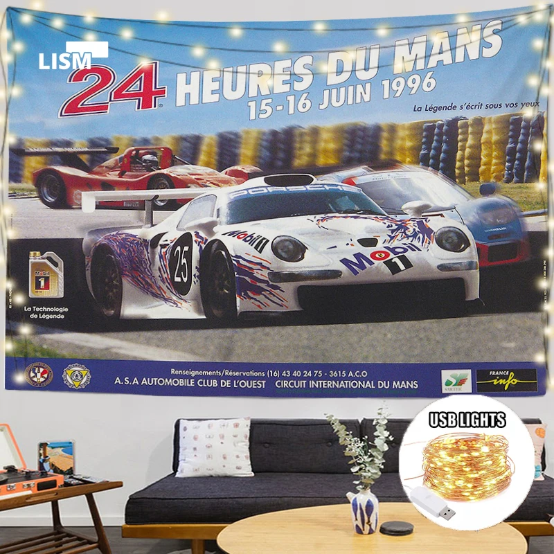

24 Hour Race Retro Decor Tapestry Automobile Race Vintage Poster Tapestries Wall Art Canvas Painting Boy Wall Hanging Decor