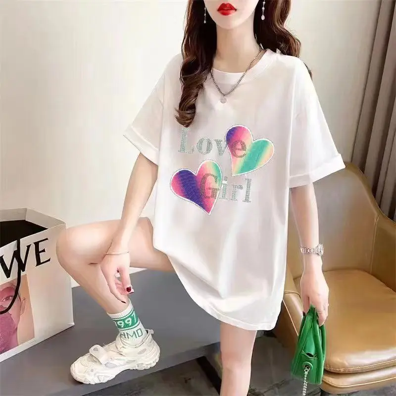 Cotton Hot Diamond Korean Premium Sports T-shirt Women's Summer New Half Sleeve Mid length Top Extra Large T-shirt women clothes