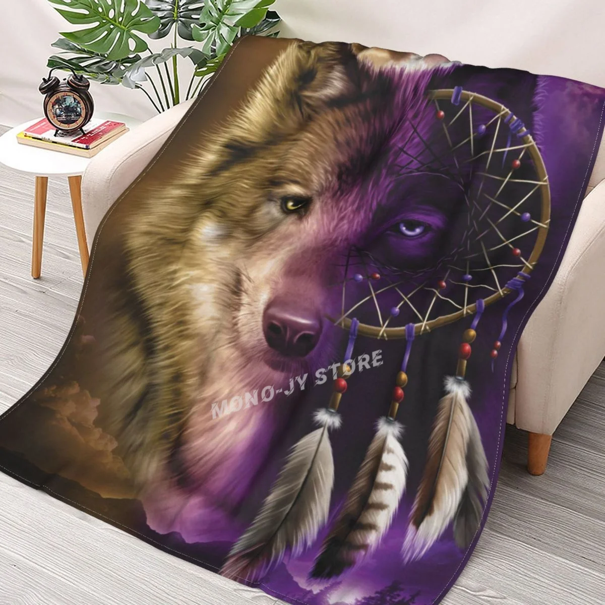 

Wolf Dreamcatcher Throws Blankets Collage Flannel Ultra-Soft Warm picnic blanket bedspread on the bed