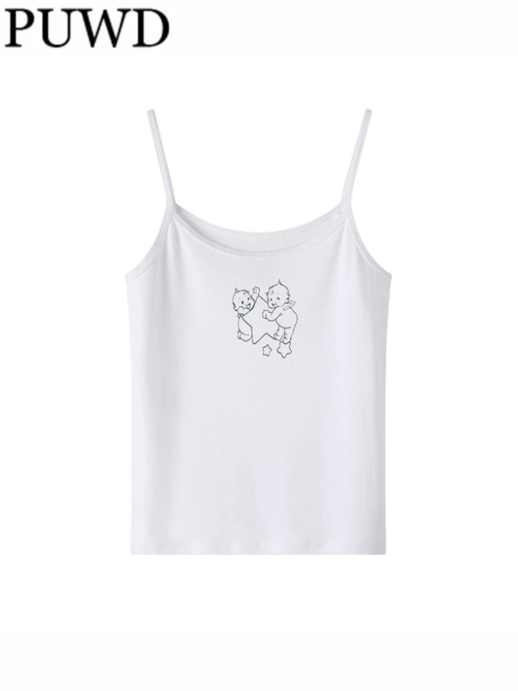 

PUWD Women Cotton Short Camis 2023 Summer Fashion Ladies Chic Vintage White Sleeveless Tops Female Cartoon Printed Camis