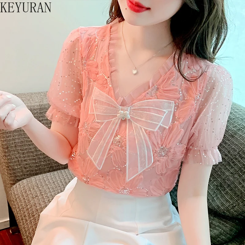 

2022 Summer Ruffles Sequins Lace Shirts & Blouses Women Vintage Sweet Bow Floral Mesh Blouse Female Short Sleeve Blusas Tops