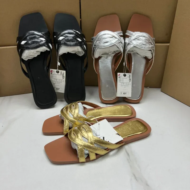 Женские шлепанцы на плоской подошве пляжные с перекрестными ремешками дышащие