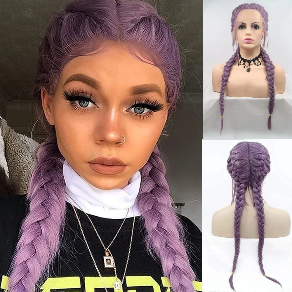 

Melody Long 24" Purple Braided Wig 2 Braids Highlight Big Braiding Synthetic Wig for Women Heat Resistant Fiber