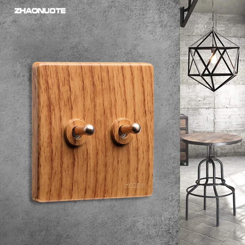 1-4 Gang 2 Way Wall Led Light Toggle Switch Retro Yellow Wood Color Matte Panel Brass Lever | Switches