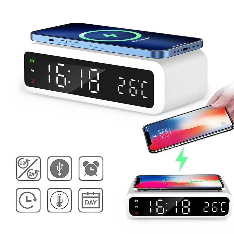 

Upgrade Digital Alarm Clock Wireless Charger Temperature And Humidity LED Electronic Clock Display Table Clock With Night Light
