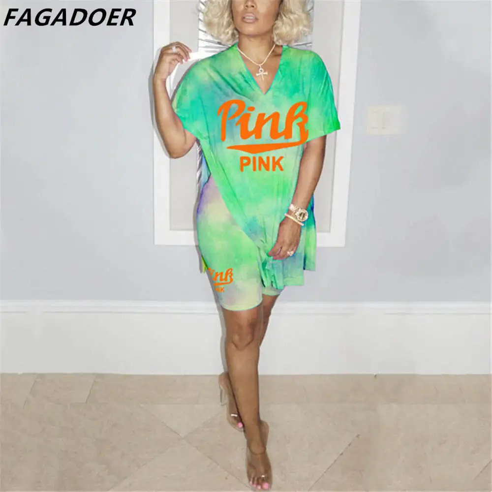 

FAGADOER Fashion Tie Dye Two Piece Sets Women V Neck High Side Slit Long Tshirt And Shorts Outifits PINK Letter Print Streetwear