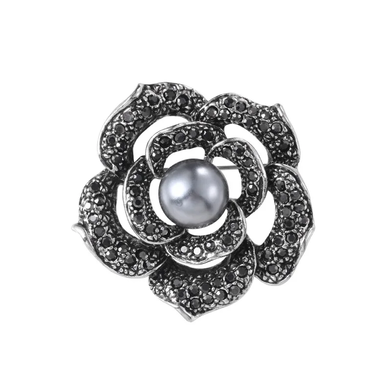 Trendy High Grade Black Pearls Brooches For Women Vintage Charm Jewelry Party Wedding Gifts Inlaid Rhinestone Flower Brooch Pins
