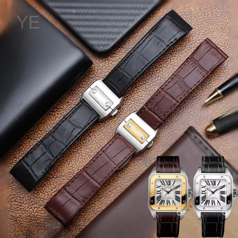 Фото Для Cartier Santos Sandoz Series 24,5 23, 20 мм, водонепроницаемая подложка, твердая стальная пряжка, черный, коричневый ремешок для часов из воловьей кожи №1