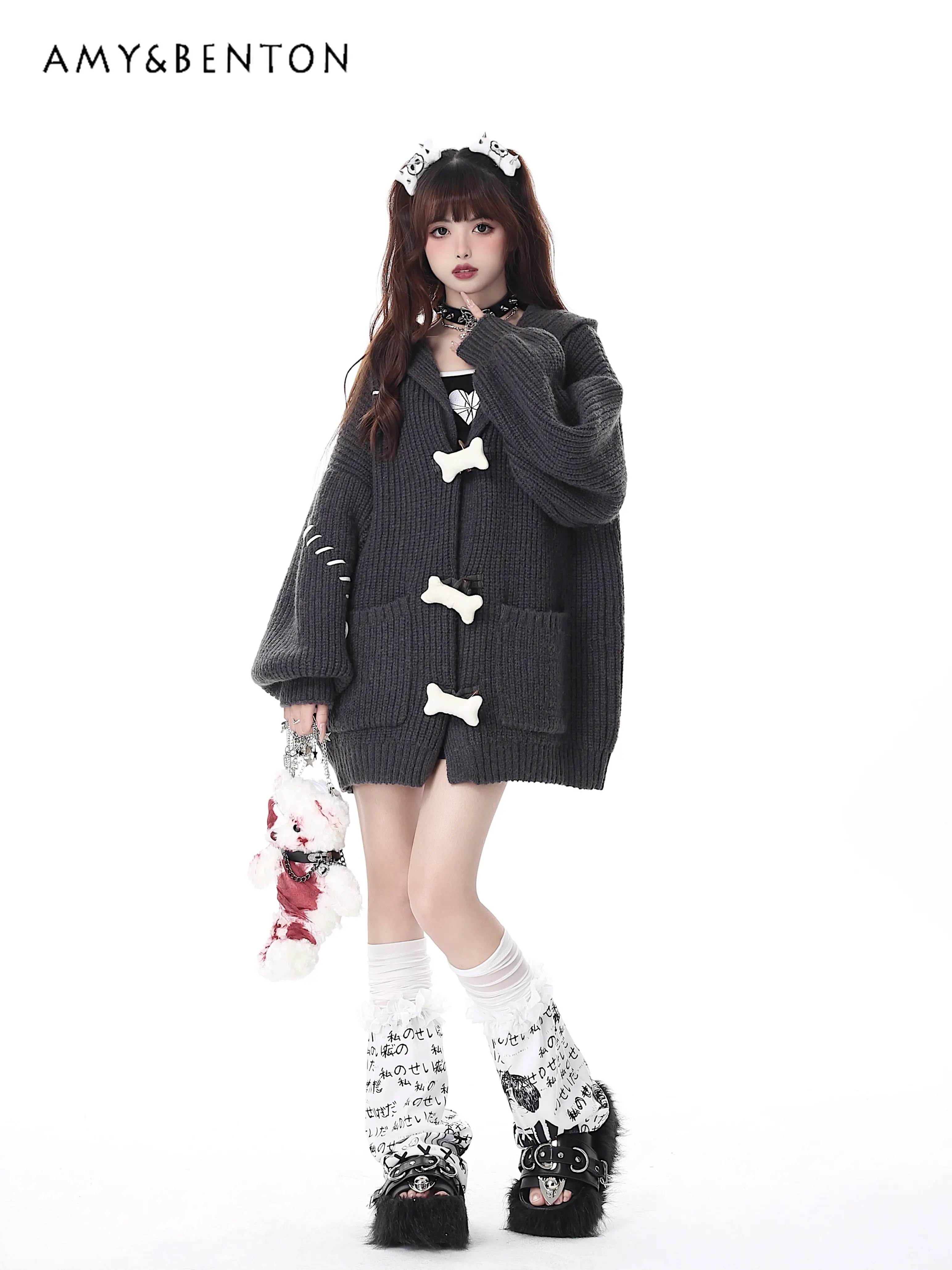 Autumn and Winter Hooded Knit Cardigan Women's Long Sleeve Casual Sweater Coat Female Lolita Style Oversized Jacket