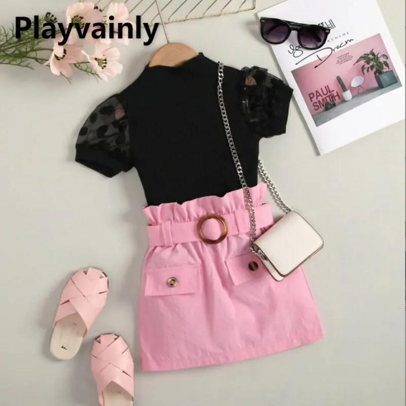 

Summer Suit Kids Clothes for Baby Girl Sets Knitted Cotton Short Sleeve Top+Pleated Work Dress Suit Children Outfits E2346