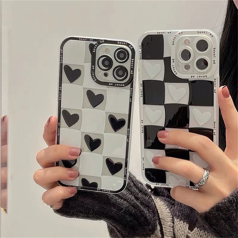 

Korean Aesthetic 3D Love Heart Lattice Phone Case For iPhone 13 12 11 Pro XS Max X XR 7 8 Plus SE Cute Soft Silicone Back Cover