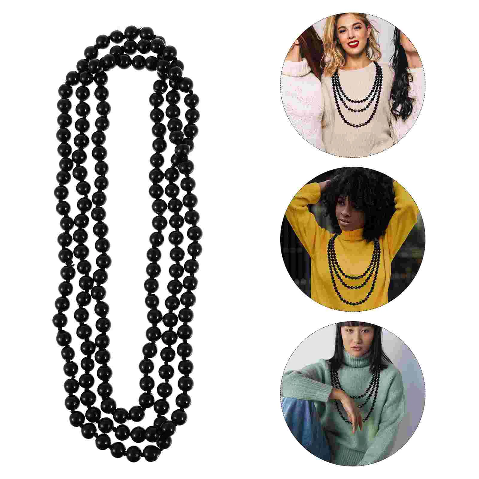 

15M Retro Women Lady Simulated Pearls Long Necklace Chain for Sweater Decoration (Black)