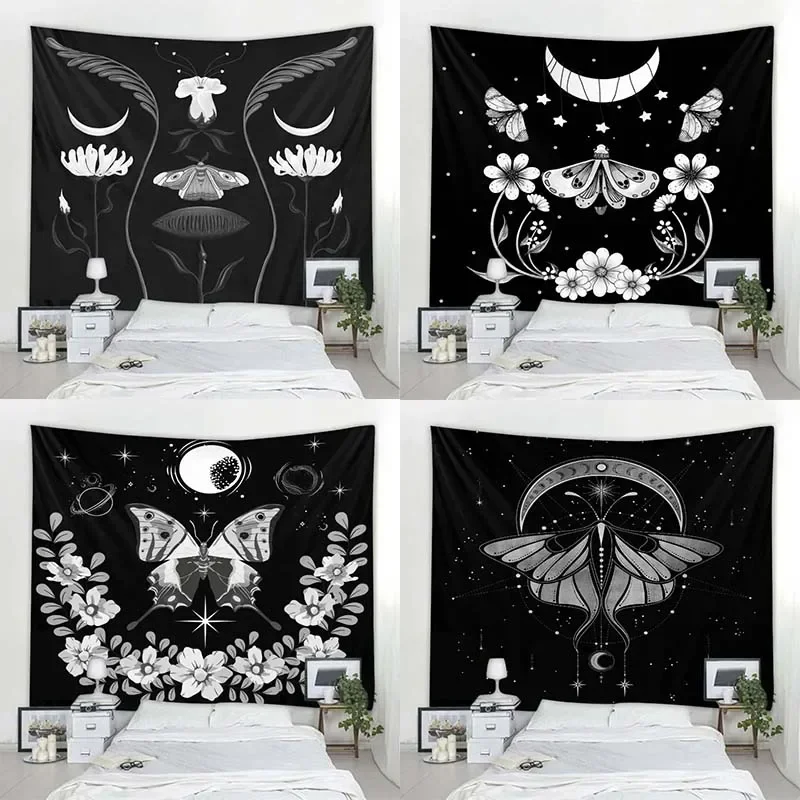 Подвесная ткань с бабочками, луной, звездным небом, гобелен для офиса ...