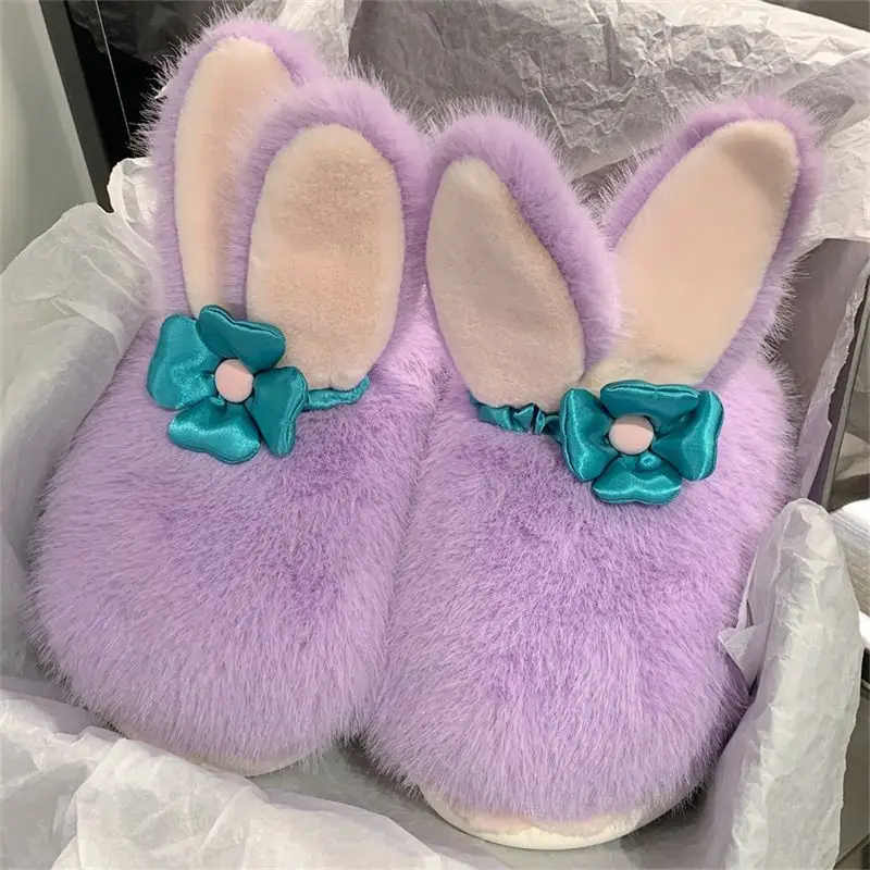 

New In Purple Rabbit Bunny Slippers Women's Indoor Furry Mules Clogs Girls Cute Ears Fluffy Slippers For Home Non Slip Flip Flop