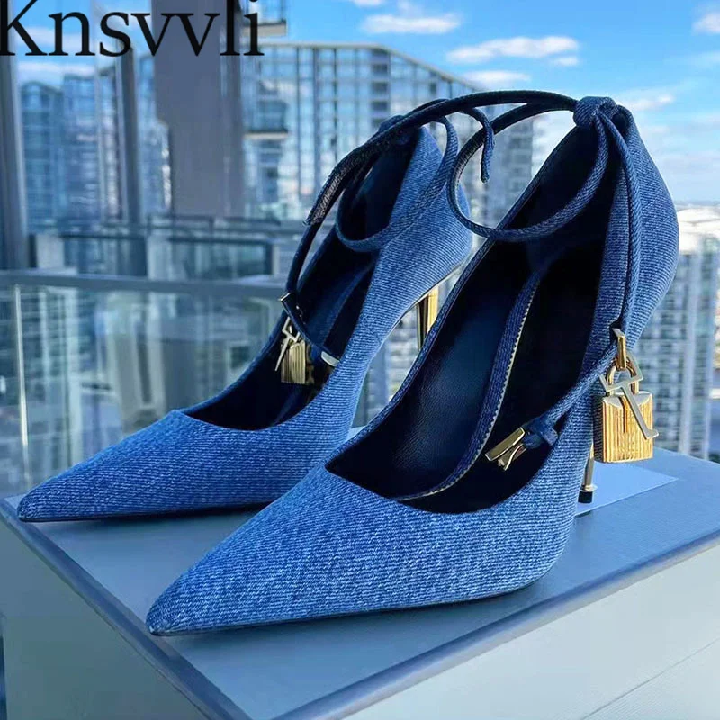 

Designer Shoes Women Metal High Heels Runway Shoes Lock Buckle Decorate Women Pumps Ankle Strap Heeled Party Shoes Woman