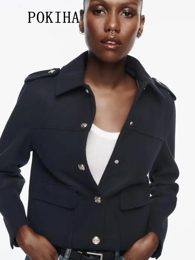 

Pokiha Fashion Women New Casual Front Button Short Jacket Coat Vintage Long Sleeve Flap Pockets Female Outerwear Chic Tops