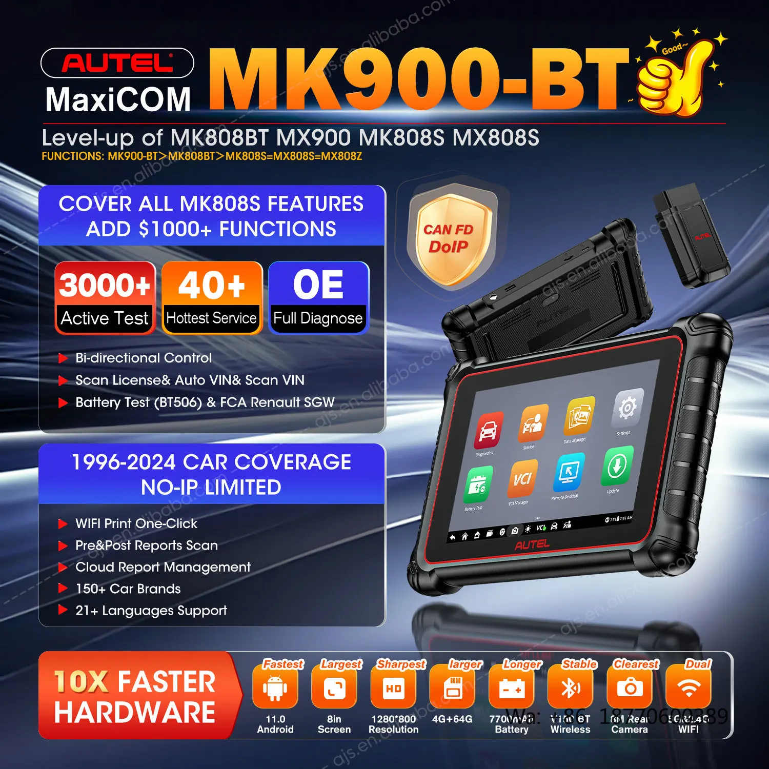 Фото Автосканер Autel MaxiCOM MK900 BT для диагностики автомобилей, MK808, MK900BT, MK808BT, Altar MK 808, 900, MK900-BT, полнофункциональный OBD2-сканер для диагностики всех систем автомобиля №3