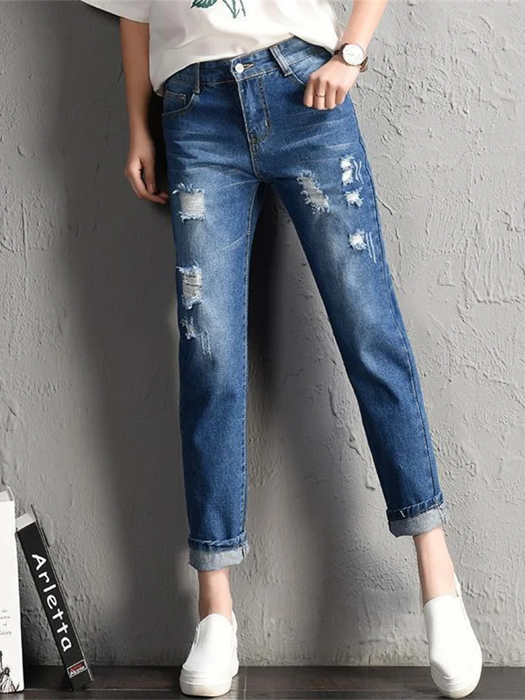 

Women Fashion Mid Waist Women Big Ripped Hole Jeans 2023 New Casual High Street Denim Pants Sexy Vintage Pencil Calca Jeans