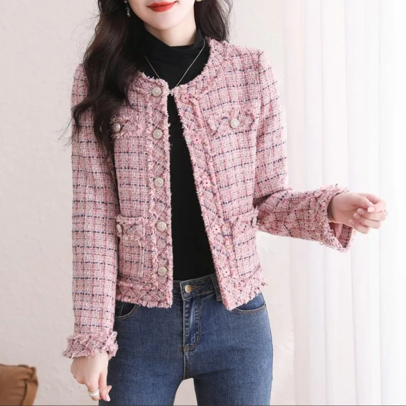 

Runway French Small Fragrance Tweed Women's Luxury Tassel Pocket Desgin Elegant Pink Jacket Coats Outerwear Female Casacos