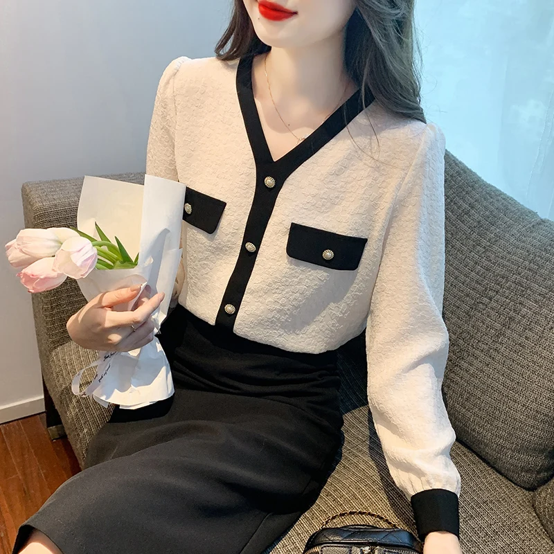 Женская шифоновая блузка с длинным рукавом V-образным вырезом