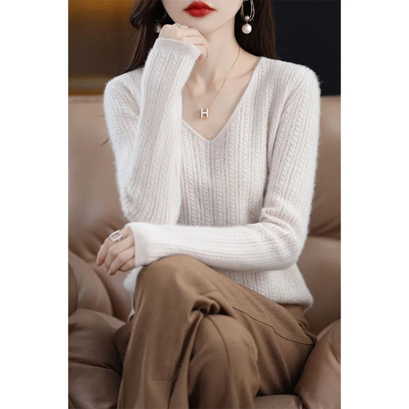 

SZDYQH Women's 100% Wool V-neck Sweaters And Pullovers Winter Female Soft Warm Long Sleeve Tops Ladies Basic Knitted Jumper