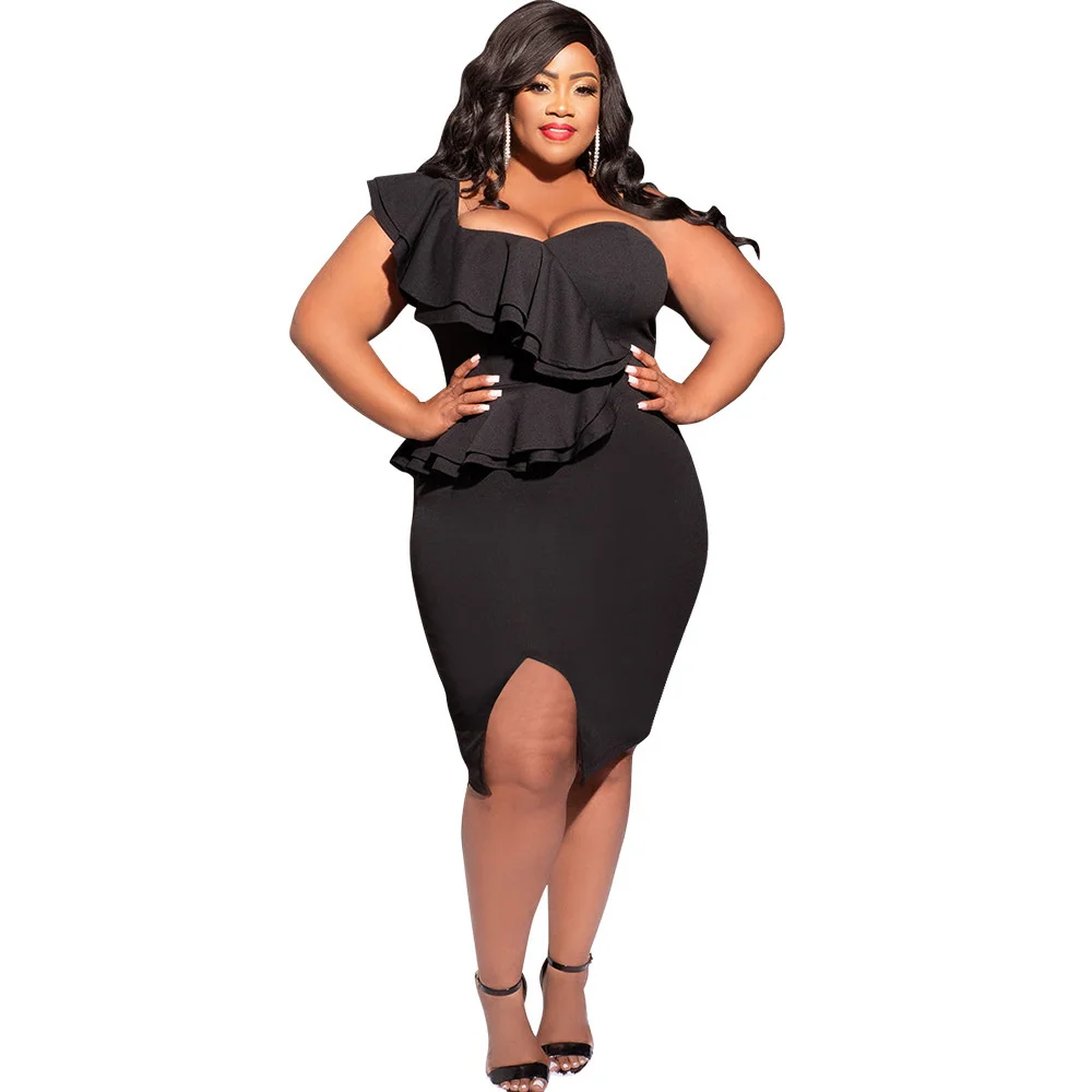 Plus Size Women's Party Dresses Fashion Casual Ruffle Slit One Shoulder Sleeve Dress Large Size Female Solid Color Elegant Dress