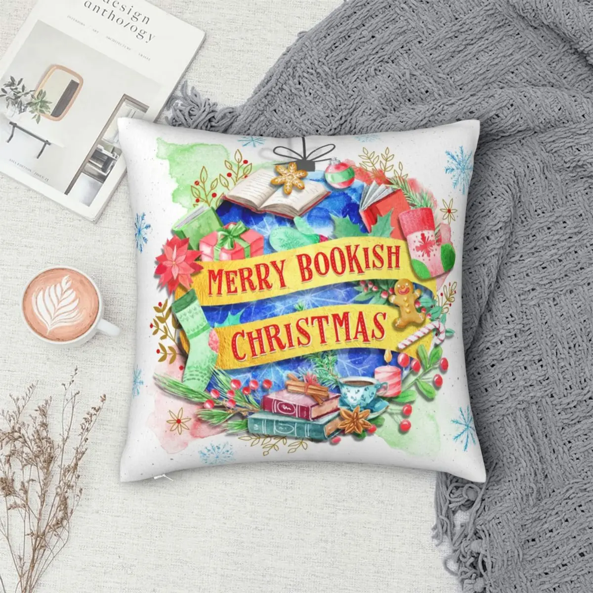 Merry Bookish Christmas Pillowcase Printing Polyester Cushion Cover Gift Watercolor Floral Pillow Case Cover Home Zipper 45X45cm images - 6