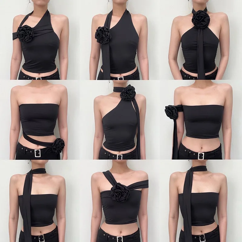 

Korean Flower Spicy Girl Bra Vest Tees Streetwear Solid Color Camis Tops Women's Black Sexy Short Tanks Top 2023 Summer Fashion