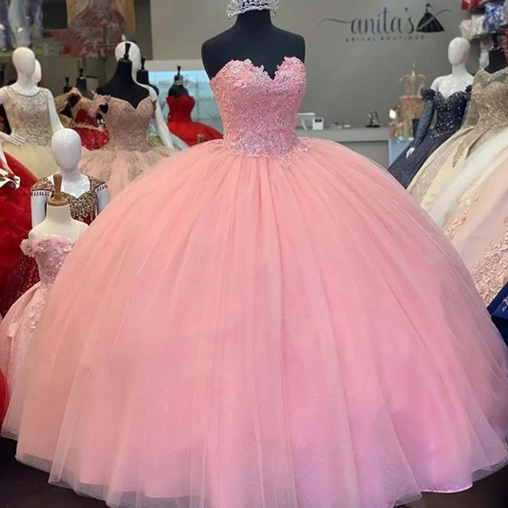 

GUXQD Pink Ball Gown Quinceanera Dresses Vestidos De 15 Anos Sweetheart Lace Beading Tulle Formal Princess Birthday Party Gowns