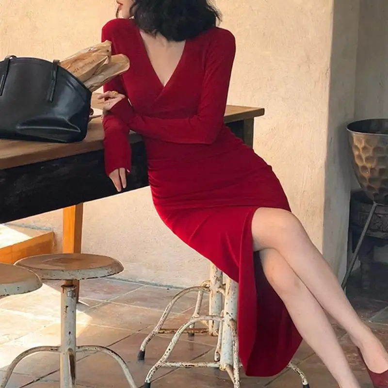 

Elegant Deep V-Neck Spring Women Party Dress Solid Long Sleeve V-neck Solid Color Split Dress Evening Ladies Dress