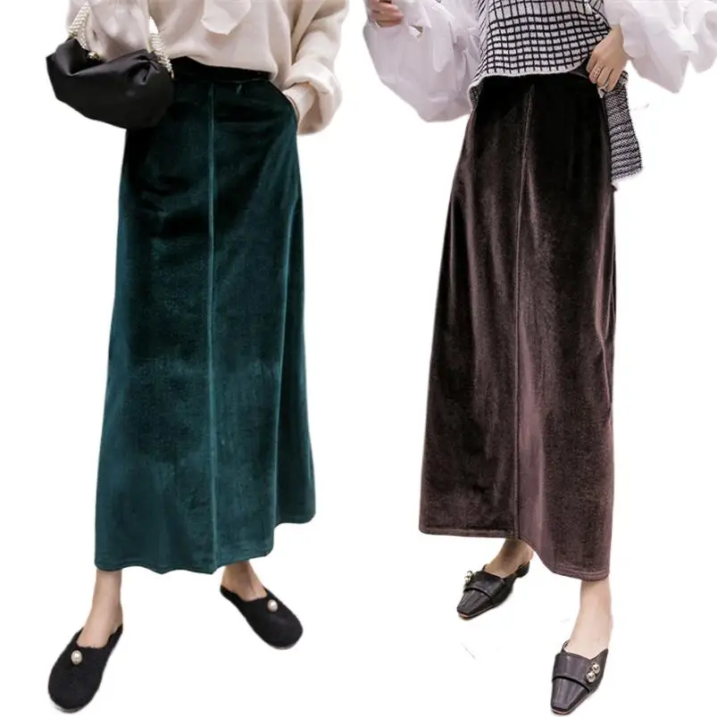 

Женская винтажная элегантная бархатная юбка, осенние женские длинные юбки с высокой эластичной талией, однотонные офисные юбки в стиле High Street, Gonne Lunghe