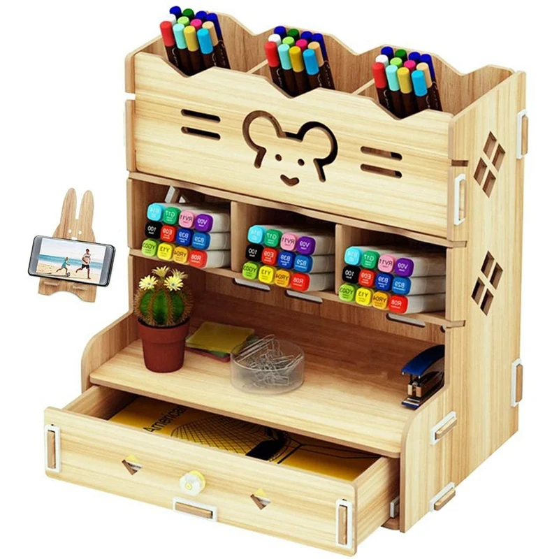 

School Supply Storage DIY Wooden Desk Organizer With Drawer,Pen Holder Box Desktop Stationary For Students
