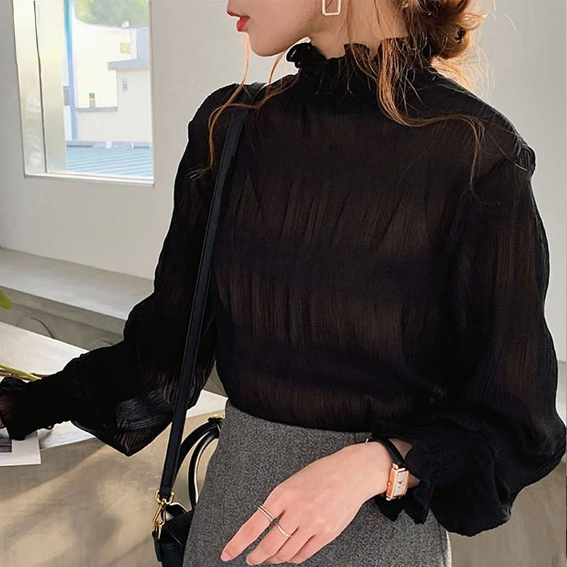 

Женские топы весна-лето 2021, свободные универсальные шифоновые рубашки с длинным рукавом, рубашка с рукавом-колоколом, Базовая рубашка 9542