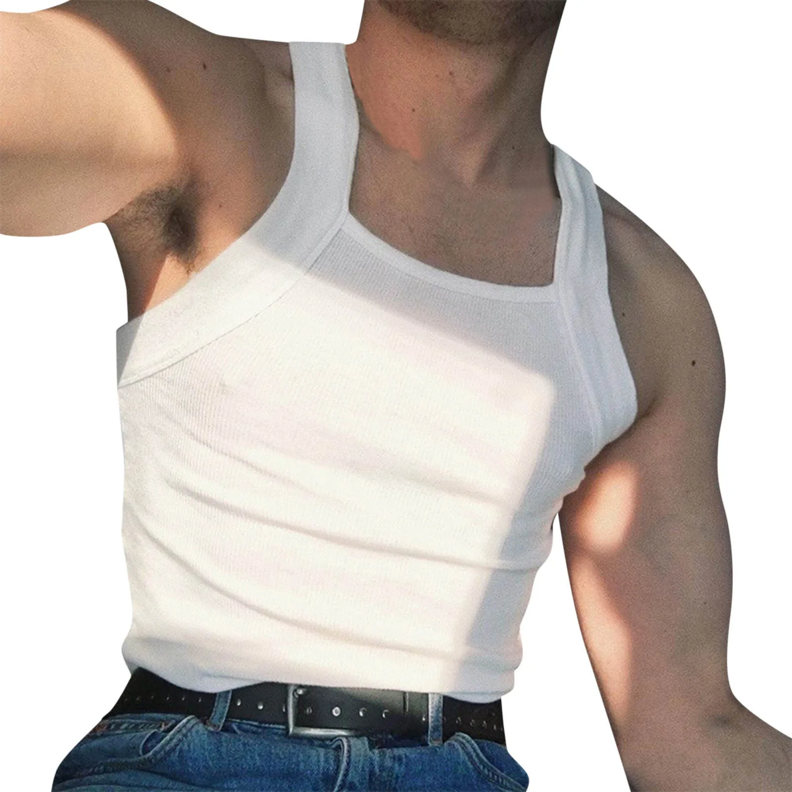 

White Tank Top Men Square Neck Sleeveless Skinny Vacation Casual Vests Streetwear Party Summer Big Size Men's Clothes