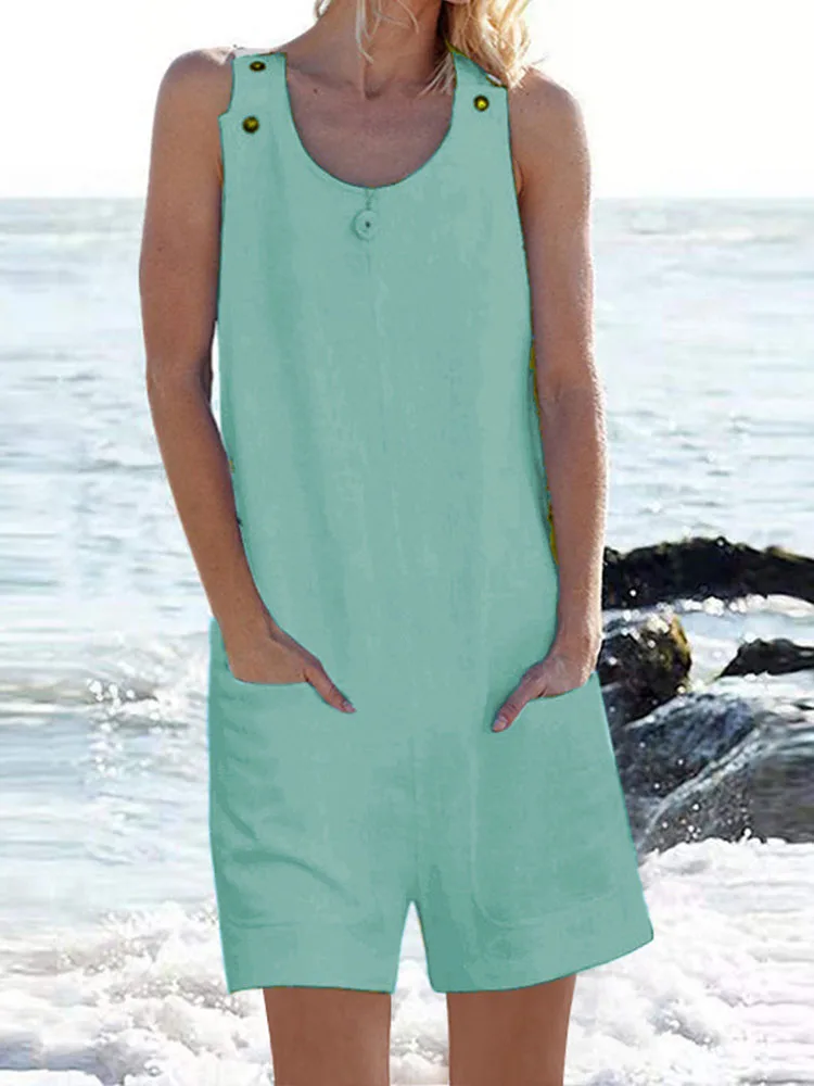 

Elegant Sleeveless Loose Jumpsuit Women Fashion O-neck Button Solid Straight Playsuit Summer Casual Pocket Short Romper Overalls