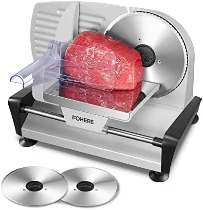 

Meat Slicer for Home Use, Food Slicer with Two 7.5" Stainless Steel Blade(Serrated + Smooth) & 0-15mm Precise Thicknes
