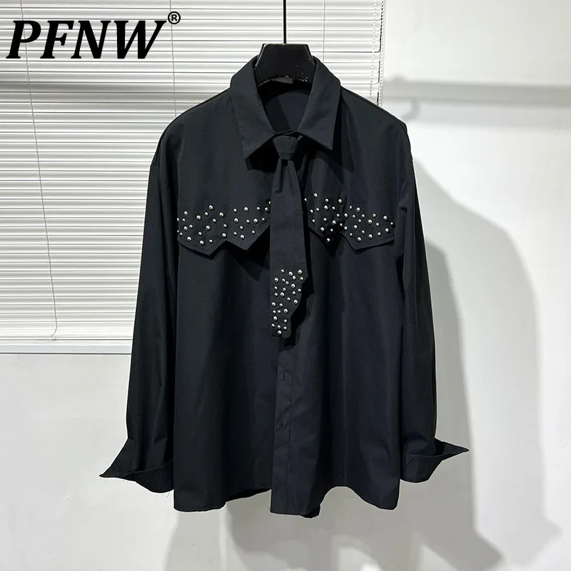 

PFNW Rivet Men's Long Sleeve Shirts Tie Spliced Niche Design Cardigan Solid Color Male Tech Wear 2023 Autumn Trendy Tops 28W1656