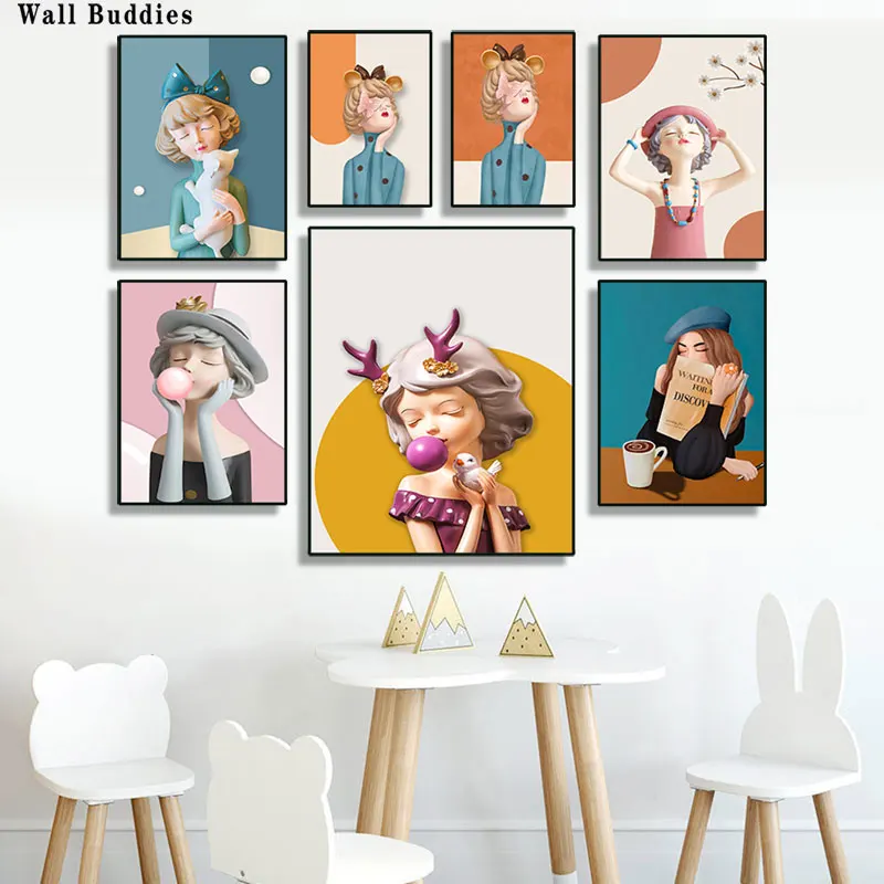 

Nordic Creative Printing Light Luxury Wind Lovely Bubble Blowing Girl Canvas Poster Bedroom Art Photo Wall Baby Room Decoration