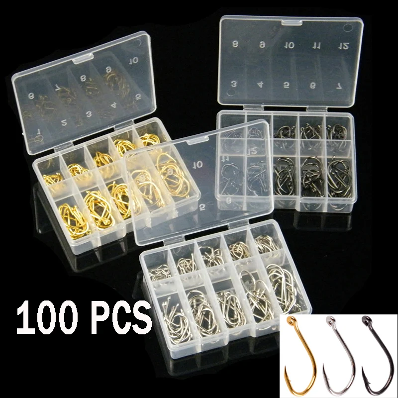 

100Pcs Ten-Grids Boxed Fishing Hooks Set 10 Sizes Carbon Steel Barbed Carp Hooks Single Circle Hooks Sea Fishing Accessories
